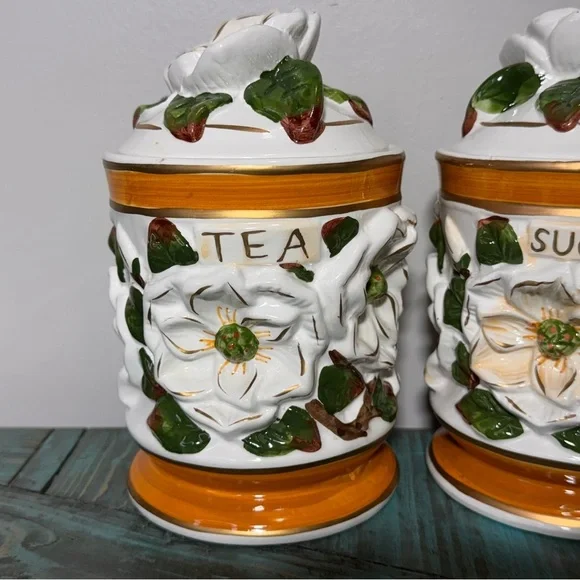 Vintage Floral Ceramic Canister Set-3-D Floral Design Coffee Tea Sugar - Picture 5 of 14
